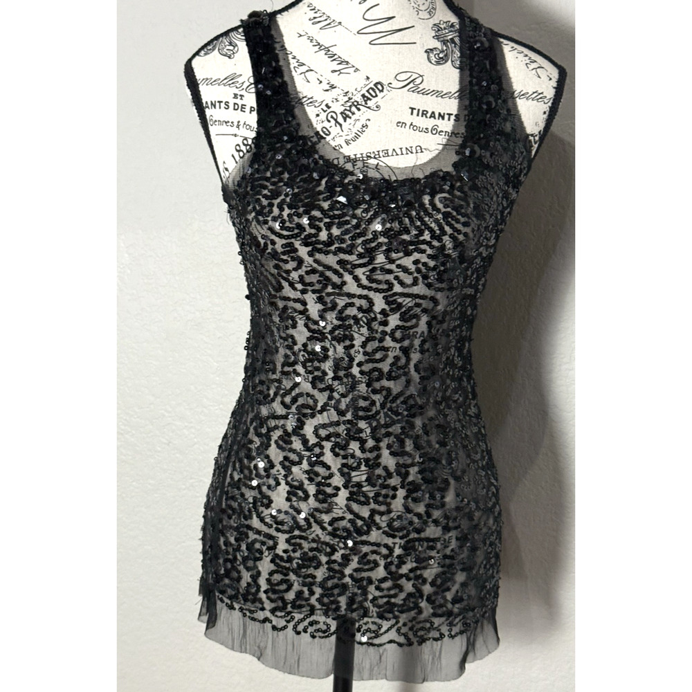 Body Centra vintage Black Sequin Beaded Singlet Tank Top Sz Small Y2k Artsy